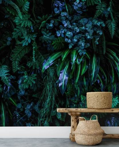mural de papel de parede tropical personalizado em azul escuro e verde chamado Luscious Tropical Wall para quartos mural de papel de parede tropical personalizado em azul escuro e verde chamado Luscious Tropical Wall para quartos