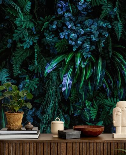 mural de papel de parede tropical personalizado em azul escuro e verde chamado Luscious Tropical Wall para quartos mural de papel de parede tropical personalizado em azul escuro e verde chamado Luscious Tropical Wall para quartos