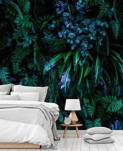 carta da parati tropicale personalizzata blu scuro e verde chiamata Luscious Tropical Wall per camere da letto carta da parati tropicale personalizzata blu scuro e verde chiamata Luscious Tropical Wall per camere da letto
