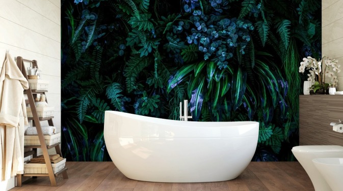mørkeblå og grøn brugerdefineret tropisk tapetmaleri kaldet Luscious Tropical Wall til soveværelser