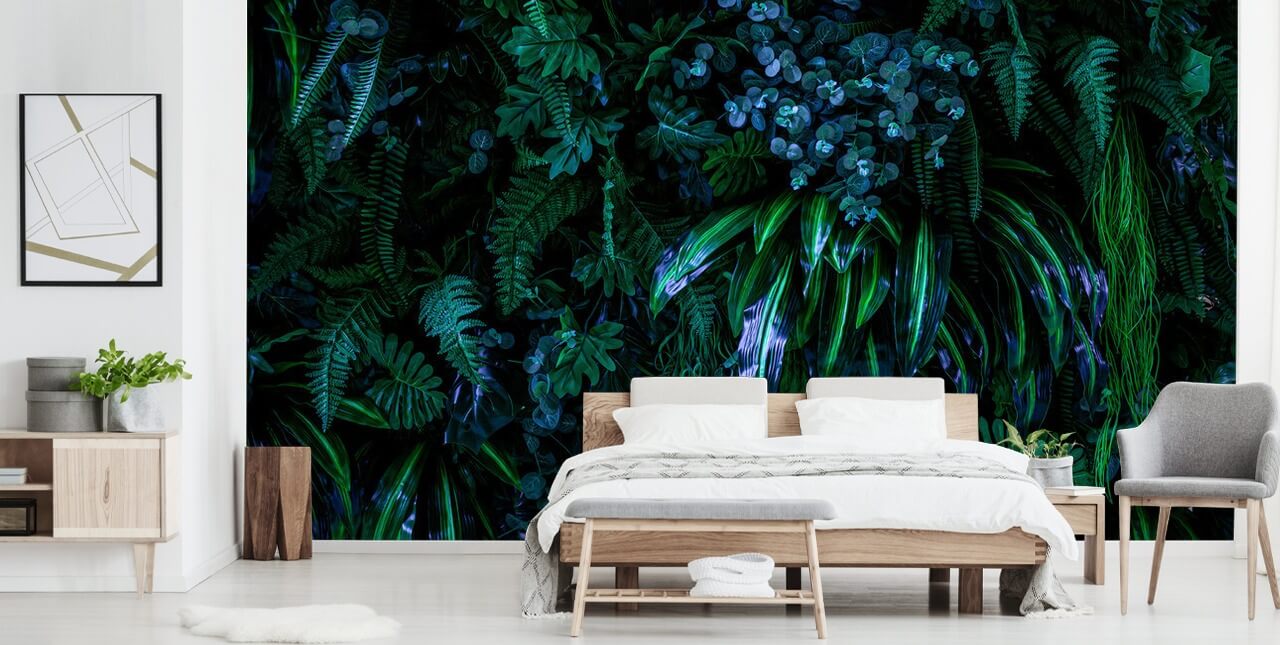 mural de papel de parede tropical personalizado em azul escuro e verde chamado Luscious Tropical Wall para quartos mural de papel de parede tropical personalizado em azul escuro e verde chamado Luscious Tropical Wall para quartos