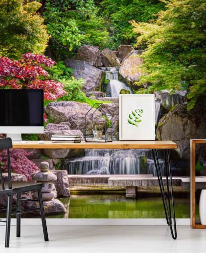 jardim de estilo japonês com papel de parede cachoeira jardim de estilo japonês com papel de parede cachoeira