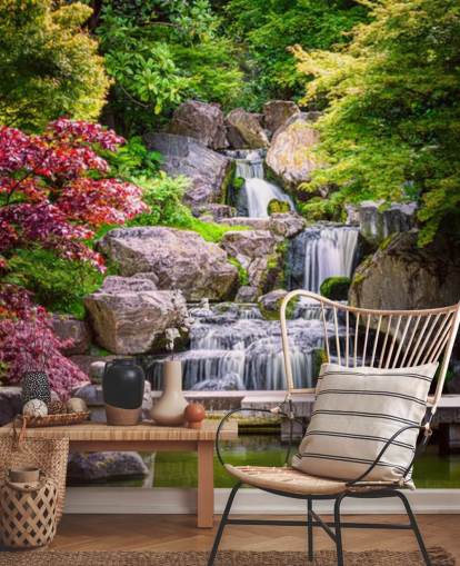 Garten im japanischen Stil mit Wasserfall Tapete Garten im japanischen Stil mit Wasserfall Tapete