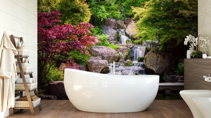 jardin de style japonais avec papier peint cascade