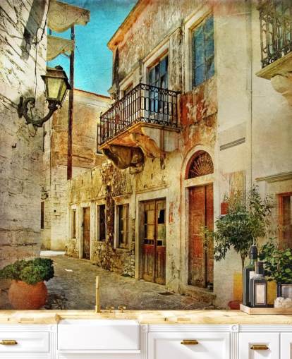 reisetapetveggmaleri kalt Gamlebyen, Hellas for kjøkken, omsorgsboliger og bedrifter reisetapetveggmaleri kalt Gamlebyen, Hellas for kjøkken, omsorgsboliger og bedrifter