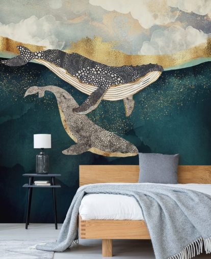 mural de papel pintado personalizado de ballenas azul marino y dorado llamado Bond II de SpaceFrog Designs para salas de estar o dormitorios mural de papel pintado personalizado de ballenas azul marino y dorado llamado Bond II de SpaceFrog Designs para salas de estar o dormitorios