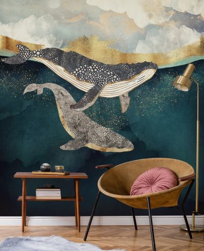 navy and gold custom whale wallpaper mural called Bond II by SpaceFrog Designs for living rooms or bedrooms navy and gold custom whale wallpaper mural called Bond II by SpaceFrog Designs for living rooms or bedrooms
