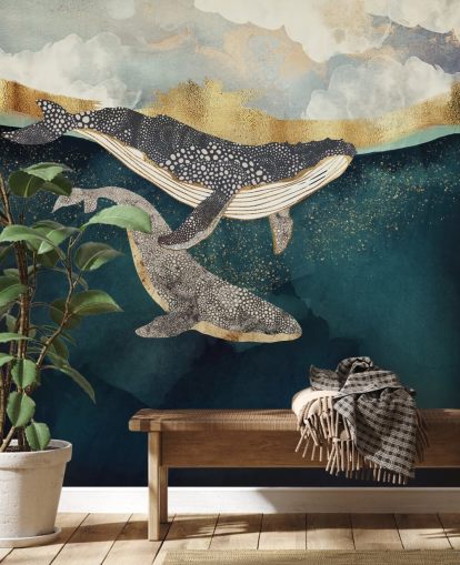 papier peint mural personnalisé en forme de baleine bleu marine et doré appelé Bond II par SpaceFrog Designs pour les salons ou les chambres papier peint mural personnalisé en forme de baleine bleu marine et doré appelé Bond II par SpaceFrog Designs pour les salons ou les chambres