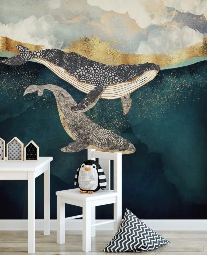 navy and gold custom whale wallpaper mural called Bond II by SpaceFrog Designs for living rooms or bedrooms navy and gold custom whale wallpaper mural called Bond II by SpaceFrog Designs for living rooms or bedrooms