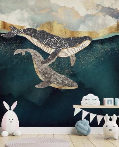 mural de papel pintado personalizado de ballenas azul marino y dorado llamado Bond II de SpaceFrog Designs para salas de estar o dormitorios mural de papel pintado personalizado de ballenas azul marino y dorado llamado Bond II de SpaceFrog Designs para salas de estar o dormitorios