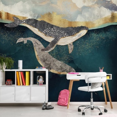 marineblauwe en gouden muurschildering op maat met walvisbehang genaamd Bond II van SpaceFrog Designs voor woonkamers of slaapkamers