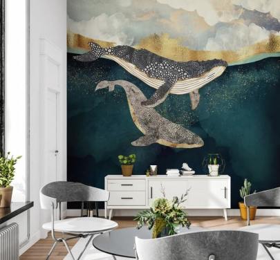 marineblå og gull tilpasset hvaltapetveggmaleri kalt Bond II av SpaceFrog Designs for stuer eller soverom