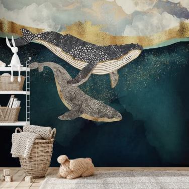 papier peint mural personnalisé en forme de baleine bleu marine et doré appelé Bond II par SpaceFrog Designs pour les salons ou les chambres