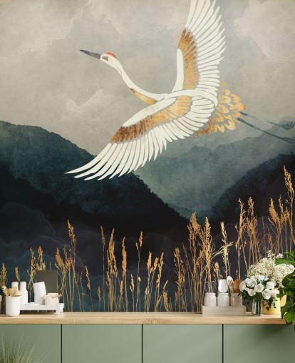 gull og marineblå tilpassbart orientalsk tapet kalt Elegant Flight av SpaceFrog Designs for stuer eller soverom gull og marineblå tilpassbart orientalsk tapet kalt Elegant Flight av SpaceFrog Designs for stuer eller soverom