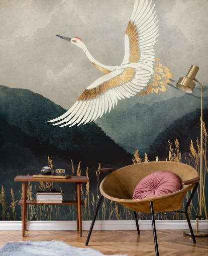 gold and navy customisable oriental wallpaper called Elegant Flight by SpaceFrog Designs for living rooms or bedrooms gold and navy customisable oriental wallpaper called Elegant Flight by SpaceFrog Designs for living rooms or bedrooms