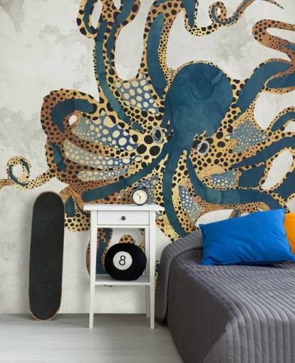 marineblå og guld tilpasselig blæksprutte tapetmaleri kaldet Underwater Dream VI af SpaceFrog Designs til badeværelser marineblå og guld tilpasselig blæksprutte tapetmaleri kaldet Underwater Dream VI af SpaceFrog Designs til badeværelser