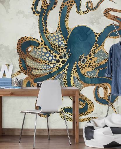 Wandbild Underwater Dream VI von SpaceFrog Designs für Badezimmer, personalisierbar mit Oktopus-Tapete in Marineblau und Gold Wandbild Underwater Dream VI von SpaceFrog Designs für Badezimmer, personalisierbar mit Oktopus-Tapete in Marineblau und Gold
