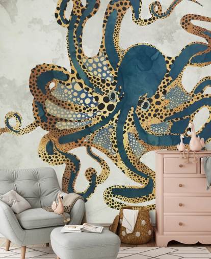 papier peint mural personnalisable en forme de poulpe bleu marine et doré appelé Underwater Dream VI par SpaceFrog Designs pour salles de bains papier peint mural personnalisable en forme de poulpe bleu marine et doré appelé Underwater Dream VI par SpaceFrog Designs pour salles de bains