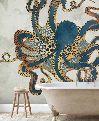 navy and gold customisable octopus wallpaper mural called Underwater Dream VI by SpaceFrog Designs for bathrooms navy and gold customisable octopus wallpaper mural called Underwater Dream VI by SpaceFrog Designs for bathrooms