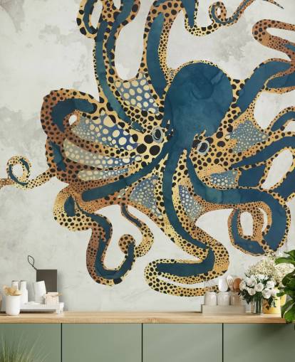 marineblauwe en gouden aanpasbare octopus behangmuurschildering genaamd Underwater Dream VI van SpaceFrog Designs voor badkamers marineblauwe en gouden aanpasbare octopus behangmuurschildering genaamd Underwater Dream VI van SpaceFrog Designs voor badkamers