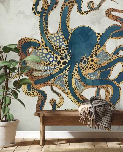navy and gold customizable octopus wallpaper mural called Underwater Dream VI by SpaceFrog Designs for bathrooms navy and gold customizable octopus wallpaper mural called Underwater Dream VI by SpaceFrog Designs for bathrooms