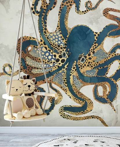 navy and gold customisable octopus wallpaper mural called Underwater Dream VI by SpaceFrog Designs for bathrooms navy and gold customisable octopus wallpaper mural called Underwater Dream VI by SpaceFrog Designs for bathrooms
