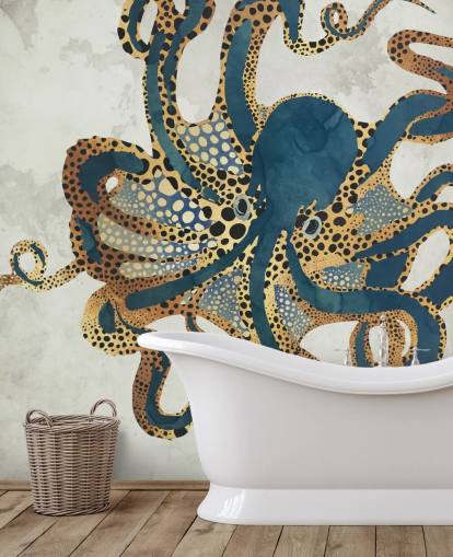navy and gold customisable octopus wallpaper mural called Underwater Dream VI by SpaceFrog Designs for bathrooms navy and gold customisable octopus wallpaper mural called Underwater Dream VI by SpaceFrog Designs for bathrooms