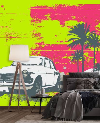 Coche dibujado en papel pintado de fondo colorido Coche dibujado en papel pintado de fondo colorido