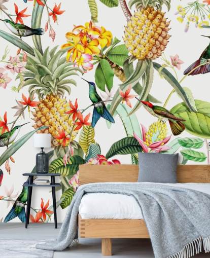 Ananas, Hummingbird og blomster på hvit bakgrunn bakgrunn Ananas, Hummingbird og blomster på hvit bakgrunn bakgrunn