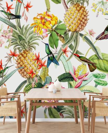 Abacaxi, beija-flor e flores no papel de parede de fundo branco Abacaxi, beija-flor e flores no papel de parede de fundo branco