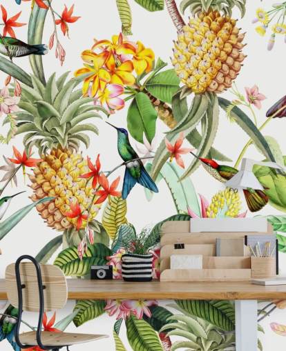 Pineapple, Hummingbird and Flowers on White Background Wallpaper Pineapple, Hummingbird and Flowers on White Background Wallpaper