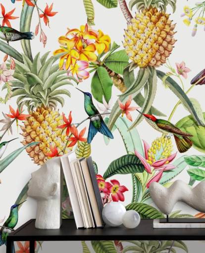 Ananas, colibri et fleurs sur fond blanc papier peint Ananas, colibri et fleurs sur fond blanc papier peint