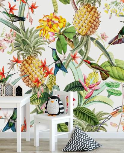 Pineapple, Hummingbird and Flowers on White Background Wallpaper Pineapple, Hummingbird and Flowers on White Background Wallpaper