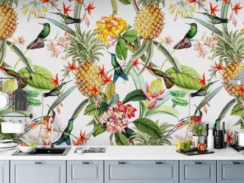 Papel pintado Piña, colibrí y flores sobre fondo blanco