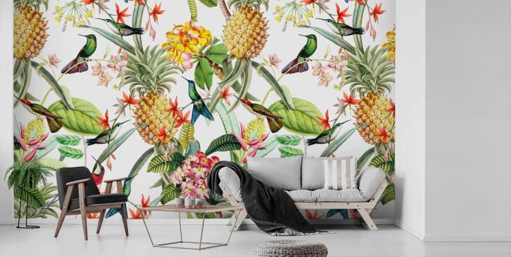 Papel pintado Piña, colibrí y flores sobre fondo blanco