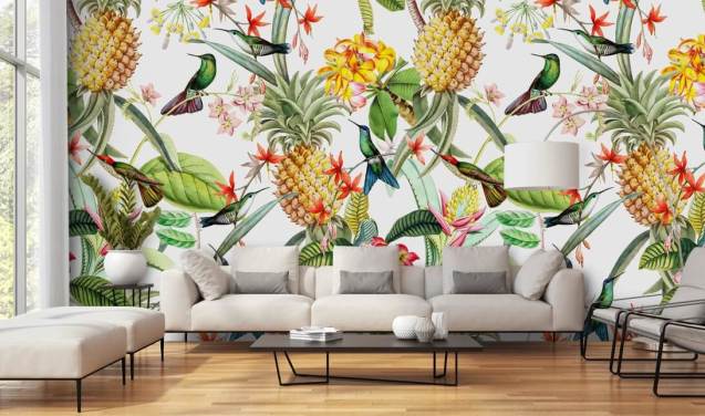 Ananas, Hummingbird og blomster på hvit bakgrunn bakgrunn