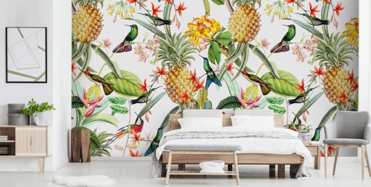 Ananas, kolibri och blommor på vit bakgrund