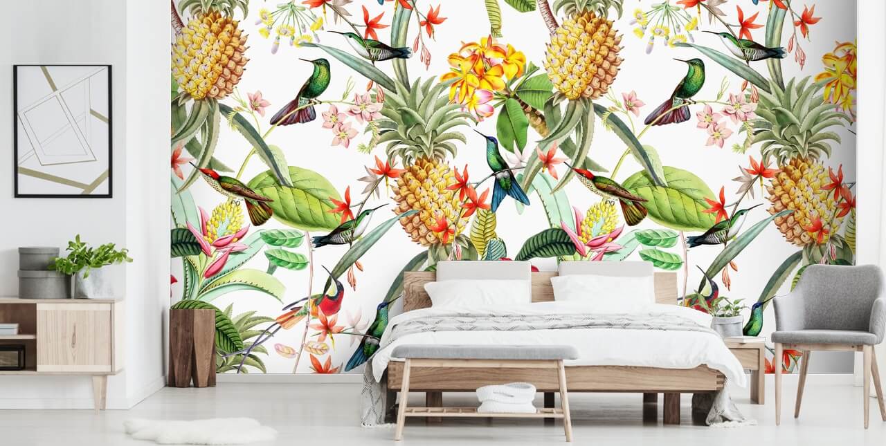 Pineapple, Hummingbird and Flowers on White Background Wallpaper