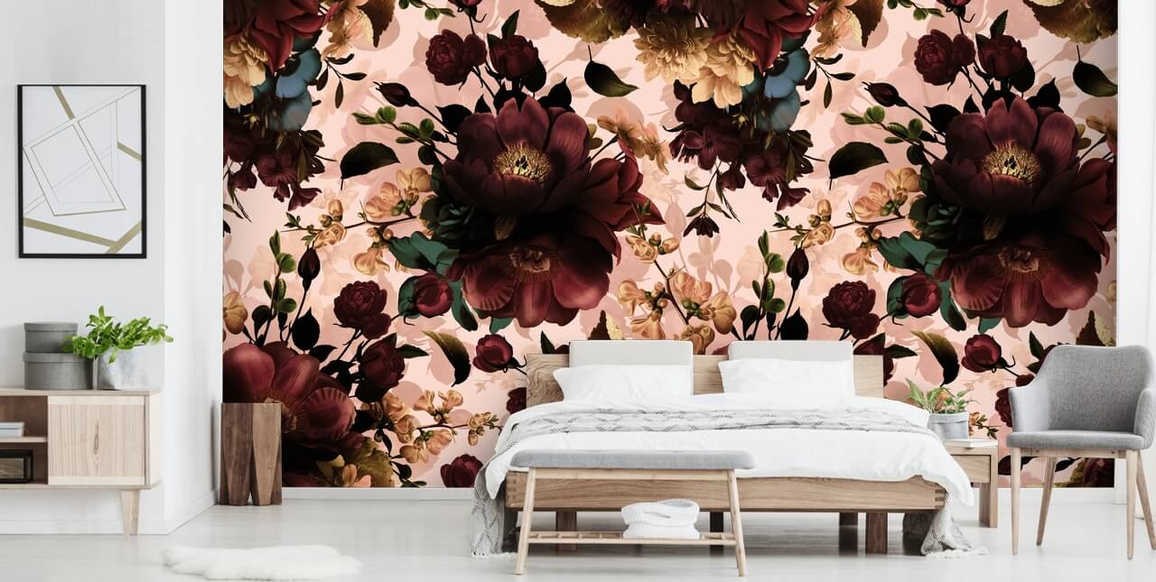 Papier Peint Fleurs Maroon Foncé