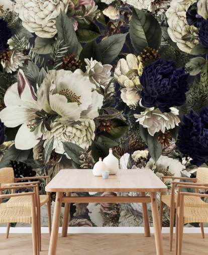 mørkeblå og hvid blomstertapet vægmaleri kaldet Midnight Bouquet af Uta Naumann til soveværelser mørkeblå og hvid blomstertapet vægmaleri kaldet Midnight Bouquet af Uta Naumann til soveværelser