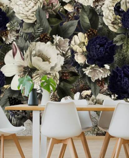 dark blue and white floral wallpaper mural called Midnight Bouquet by Uta Naumann for bedrooms dark blue and white floral wallpaper mural called Midnight Bouquet by Uta Naumann for bedrooms