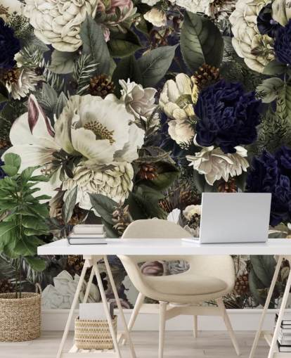 mörkblå och vit blommig tapetväggmålning kallad Midnight Bouquet av Uta Naumann för sovrum mörkblå och vit blommig tapetväggmålning kallad Midnight Bouquet av Uta Naumann för sovrum