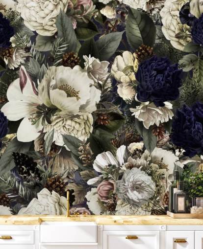 dark blue and white floral wallpaper mural called Midnight Bouquet by Uta Naumann for bedrooms dark blue and white floral wallpaper mural called Midnight Bouquet by Uta Naumann for bedrooms