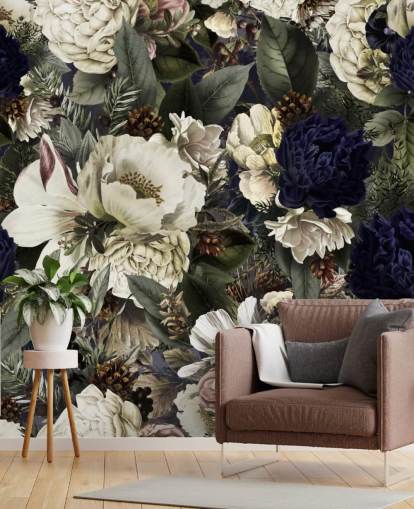 dark blue and white floral wallpaper mural called Midnight Bouquet by Uta Naumann for bedrooms dark blue and white floral wallpaper mural called Midnight Bouquet by Uta Naumann for bedrooms