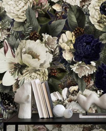 dark blue and white floral wallpaper mural called Midnight Bouquet by Uta Naumann for bedrooms dark blue and white floral wallpaper mural called Midnight Bouquet by Uta Naumann for bedrooms