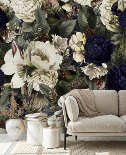 mørkeblå og hvid blomstertapet vægmaleri kaldet Midnight Bouquet af Uta Naumann til soveværelser mørkeblå og hvid blomstertapet vægmaleri kaldet Midnight Bouquet af Uta Naumann til soveværelser