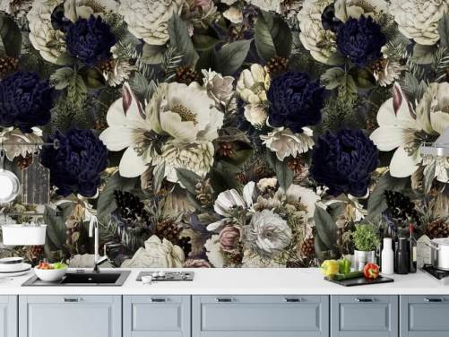 mørkeblått og hvitt blomstertapet veggmaleri kalt Midnight Bouquet av Uta Naumann for soverom