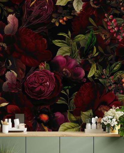 mural de papel de parede floral personalizável roxo chamado Moody Maroon de Uta Naumann para quartos mural de papel de parede floral personalizável roxo chamado Moody Maroon de Uta Naumann para quartos