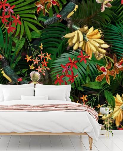 Banan, palmblad och blommor Bakgrund Banan, palmblad och blommor Bakgrund