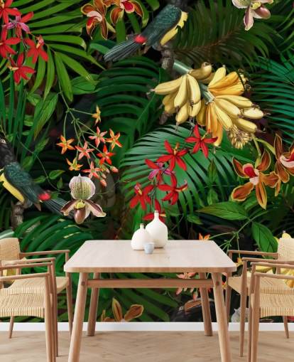 Behang met banaan, palmblad en bloemen Behang met banaan, palmblad en bloemen